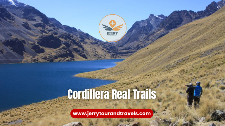 Hiking in Bolivia on the Cordillera Real Trails with majestic snow-capped peaks and serene mountain lakes in the backdrop.