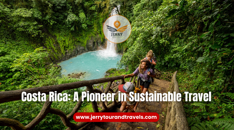 A serene rainforest in Costa Rica with a vibrant waterfall surrounded by lush greenery, highlighting it as one of the leading sustainable travel destinations.