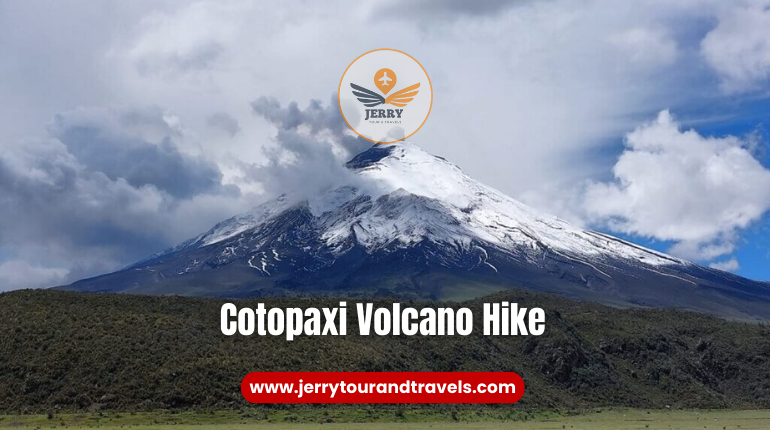 A hiker ascending the Cotopaxi Volcano trail in Ecuador, surrounded by rugged terrain and snow-capped peaks, epitomizing the thrill of hiking in Ecuador.