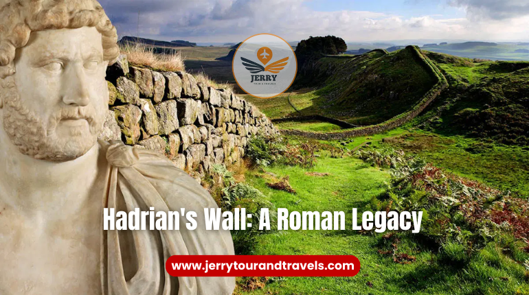 Hadrian's Wall, one of the top 10 historical places to visit in England, stretching across a scenic countryside with ancient Roman ruins.