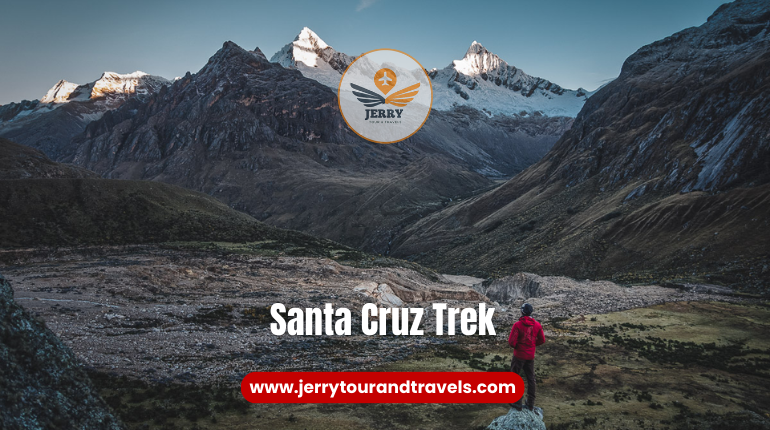 Breathtaking view of the Santa Cruz Trek in Peru, featuring rugged mountain landscapes and serene alpine lakes, a highlight of hiking in Peru.