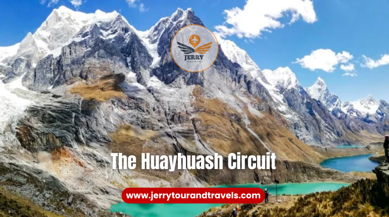 The stunning Huayhuash Circuit in Peru, showcasing snow-capped peaks, glacial lakes, and rugged terrain, a premier destination for hiking in Peru.