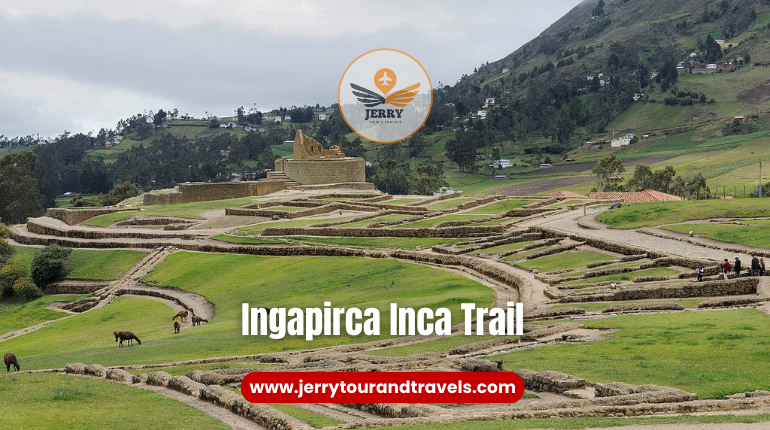 Hikers exploring the Ingapirca Inca Trail, surrounded by lush green landscapes and ancient Inca ruins, showcasing hiking in Ecuador’s rich history and natural beauty.