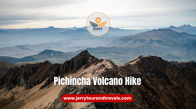 Hikers on the Pichincha Volcano, an active volcanic peak near Quito, Ecuador, offering thrilling hikes and stunning views of the surrounding landscapes.