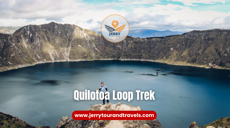 A breathtaking view of the turquoise Quilotoa Lagoon surrounded by rugged mountains, capturing the essence of hiking in Ecuador.