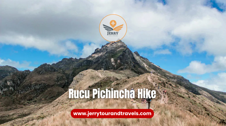 Panoramic view of hikers ascending the Rucu Pichincha trail with the city of Quito visible below, highlighting hiking in Ecuador's proximity to urban landscapes.