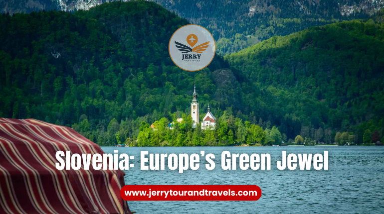 A serene view of Slovenia’s Lake Bled with its iconic church on an island, surrounded by lush greenery, epitomizing sustainable travel destinations.